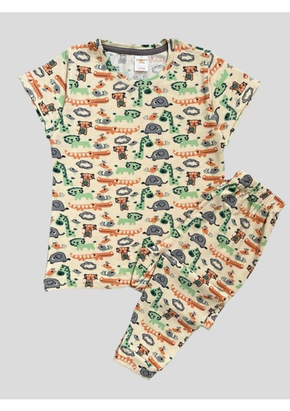 Erkek Çocuk %100 Pamuklu Safari Desenli Krem Kısa Kollu Pijama Takımı