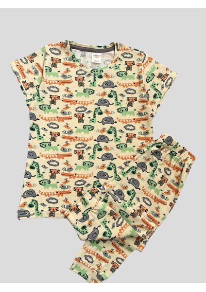 Erkek Çocuk %100 Pamuklu Safari Desenli Krem Kısa Kollu Pijama Takımı indirimleri