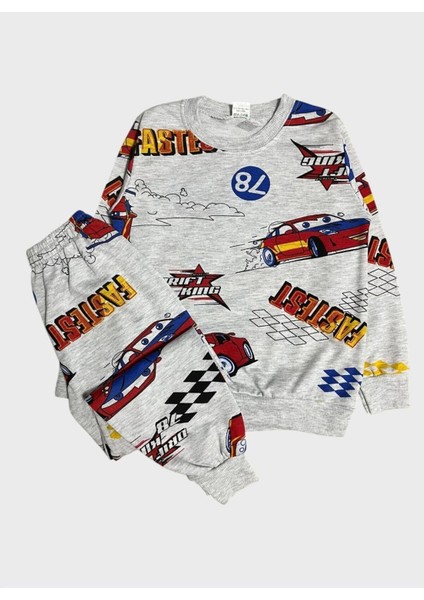 Erkek Çocuk Pamuklu Gri Araba Şimşek Mcquen Desenli Uzun Kollu Mevsimlik Pijama Takımı