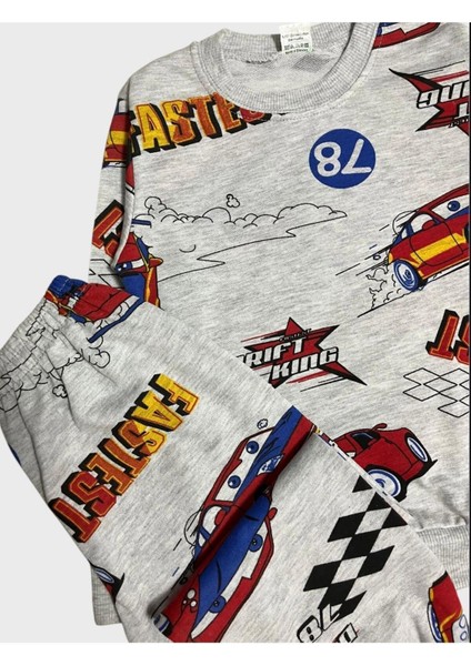 Erkek Çocuk Pamuklu Gri Araba Şimşek Mcquen Desenli Uzun Kollu Mevsimlik Pijama Takımı modelleri