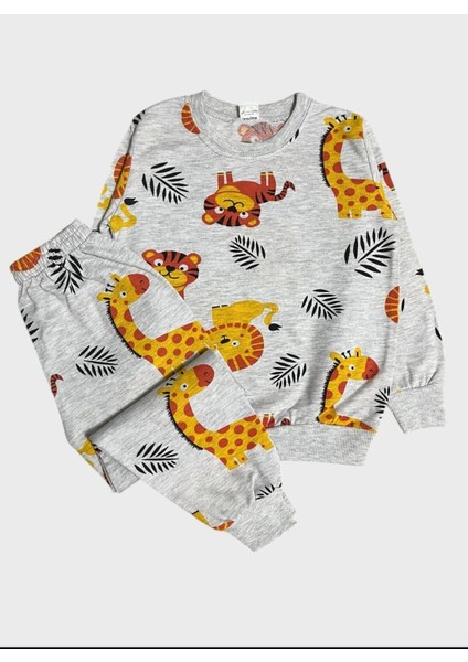 Erkek Çocuk Pamuklu Gri Aslan Zürafa Desenli Uzun Kollu Mevsimlik Pijama Takımı