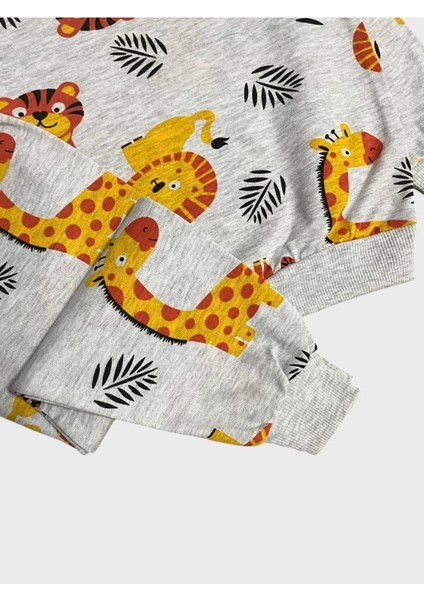 Erkek Çocuk Pamuklu Gri Aslan Zürafa Desenli Uzun Kollu Mevsimlik Pijama Takımı fiyatları