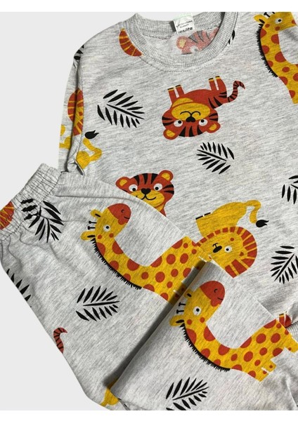 Erkek Çocuk Pamuklu Gri Aslan Zürafa Desenli Uzun Kollu Mevsimlik Pijama Takımı modelleri