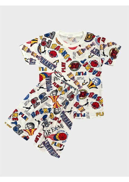 Erkek Çocuk Pamuklu Beyaz Basketbol Desenli Kısa Kollu Şortlu Yazlık Pijama Takımı