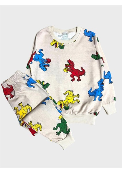 Erkek Çocuk Pamuklu Bej Rengi Dinozor Top Desenli Uzun Kollu Mevsimlik Pijama Takımı