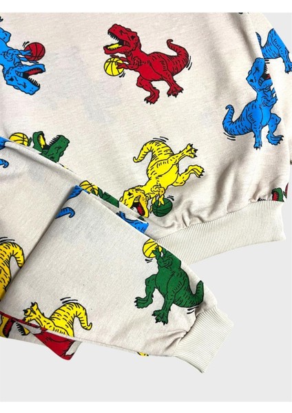 Erkek Çocuk Pamuklu Bej Rengi Dinozor Top Desenli Uzun Kollu Mevsimlik Pijama Takımı fiyatları