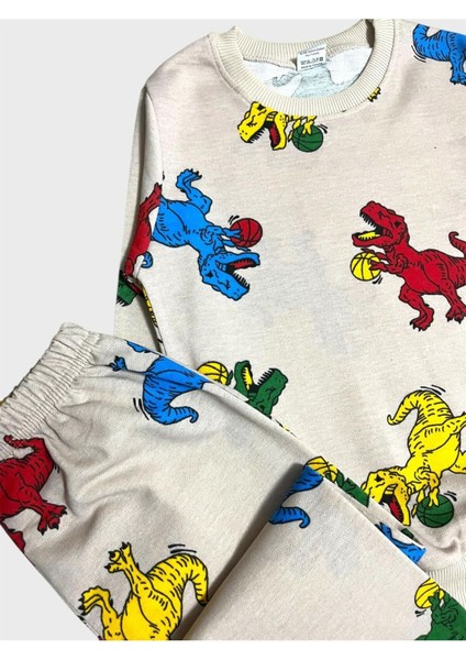 Erkek Çocuk Pamuklu Bej Rengi Dinozor Top Desenli Uzun Kollu Mevsimlik Pijama Takımı modelleri