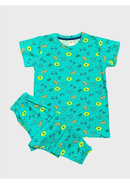 Erkek Çocuk %100 Pamuklu Yeşil Ayıcık Desenli Kısa Kollu Yazlık Pijama Takımı