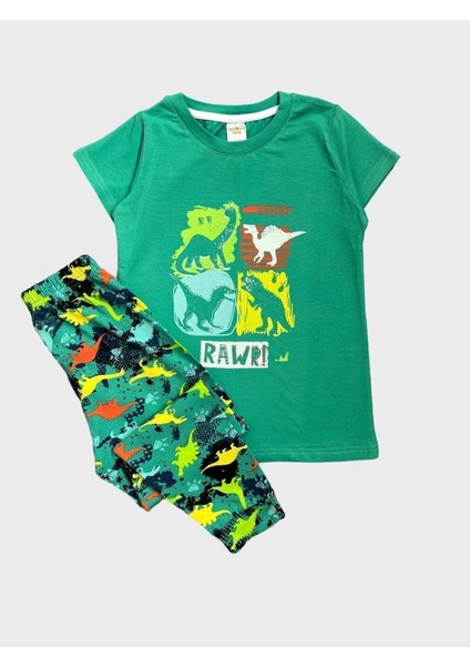 Erkek Çocuk %100 Pamuklu Yeşil Dinozor Desenli Kısa Kollu Yazlık Pijama Takımı