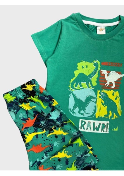 Erkek Çocuk %100 Pamuklu Yeşil Dinozor Desenli Kısa Kollu Yazlık Pijama Takımı fiyatları