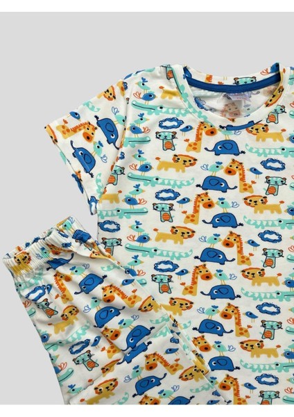 Erkek Çocuk %100 Pamuklu Safari Desenli Beyaz Kısa Kollu Yazlık Pijama Takımı fiyatları