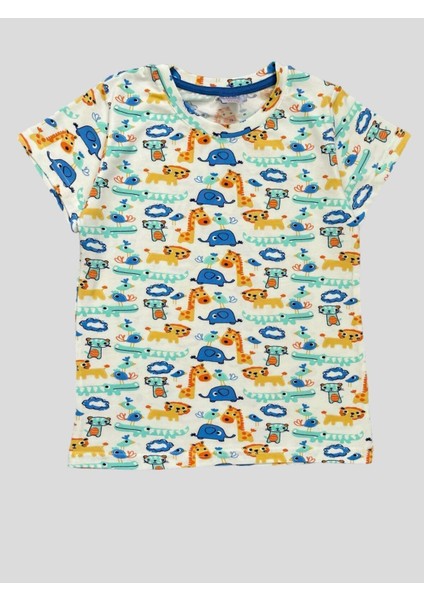Erkek Çocuk %100 Pamuklu Safari Desenli Beyaz Kısa Kollu Yazlık Pijama Takımı fırsatları