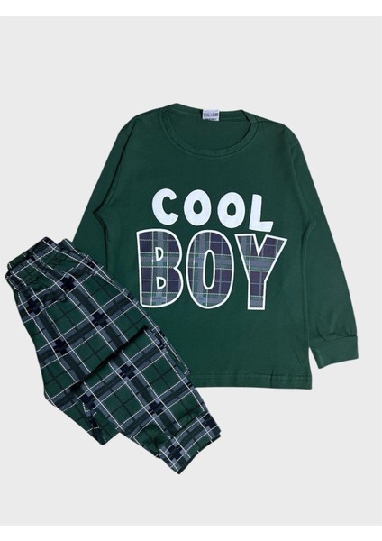 Erkek Çocuk %100 Pamuklu Yeşil Ekose Desenli Cool Boy Yazılı Uzun Kollu Mevsimlik Pijama Takımı