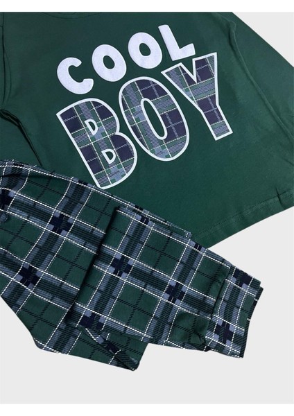 Erkek Çocuk %100 Pamuklu Yeşil Ekose Desenli Cool Boy Yazılı Uzun Kollu Mevsimlik Pijama Takımı fiyatları