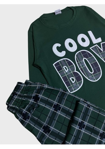 Erkek Çocuk %100 Pamuklu Yeşil Ekose Desenli Cool Boy Yazılı Uzun Kollu Mevsimlik Pijama Takımı modelleri