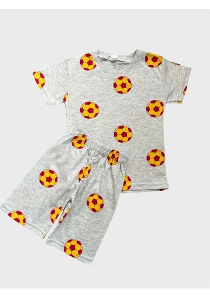 Erkek Çocuk Pamuklu Gri Futbol Topu Desenli Kısa Kollu Şortlu Yazlık Pijama Takımı