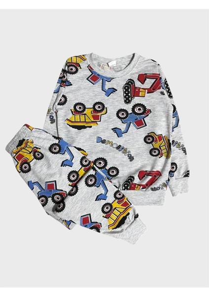 Erkek Çocuk Pamuklu Gri Iş Makinesi Kepçe Desenli Uzun Kollu Pijama Takımı