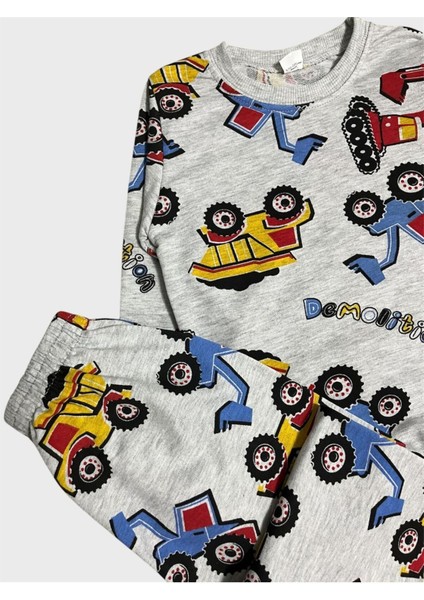 Erkek Çocuk Pamuklu Gri Iş Makinesi Kepçe Desenli Uzun Kollu Pijama Takımı modelleri