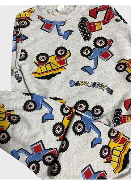 Erkek Çocuk Pamuklu Gri Iş Makinesi Kepçe Desenli Uzun Kollu Pijama Takımı fırsatları