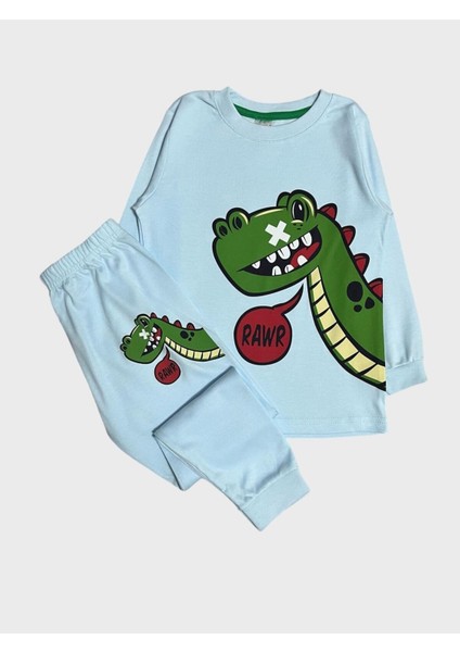 Erkek Çocuk %100 Pamuklu Mavi Dinozor Desenli Uzun Kollu Pijama Takımı