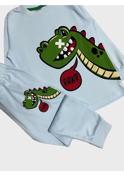 Erkek Çocuk %100 Pamuklu Mavi Dinozor Desenli Uzun Kollu Pijama Takımı fiyatları