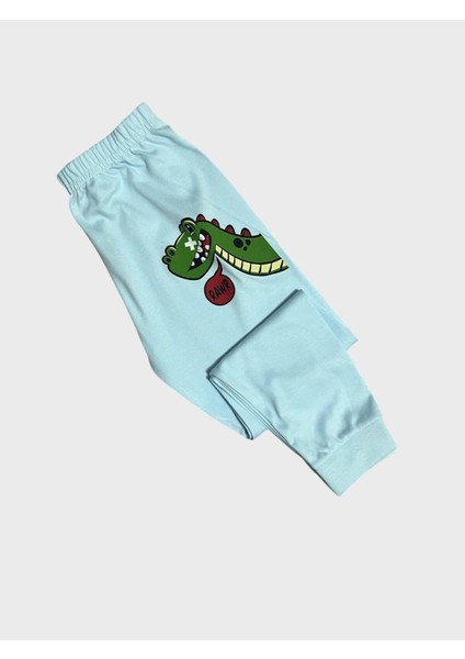 Erkek Çocuk %100 Pamuklu Mavi Dinozor Desenli Uzun Kollu Pijama Takımı modelleri