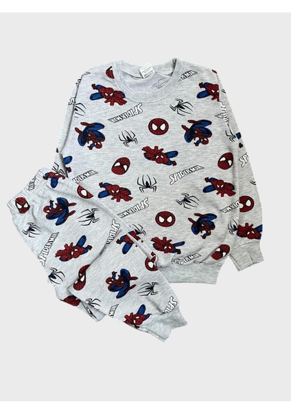 Erkek Çocuk Pamuklu Gri Örümcek Adam Desenli Uzun Kollu Mevsimlik Pijama Takımı