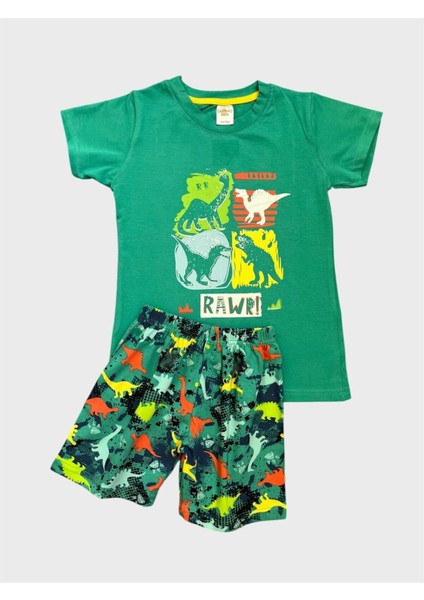 Erkek Çocuk %100 Pamuklu Yeşil Dinozor Desenli Kısa Kollu Şortlu Yazlık Pijama Takımı