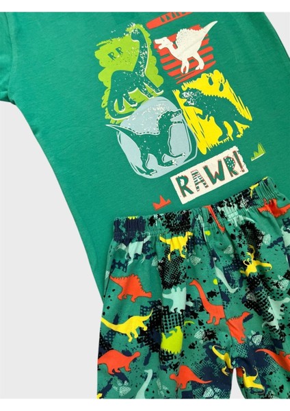 Erkek Çocuk %100 Pamuklu Yeşil Dinozor Desenli Kısa Kollu Şortlu Yazlık Pijama Takımı fiyatları