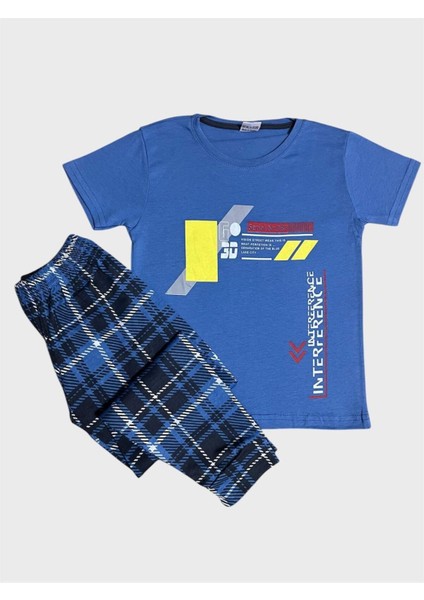 Erkek Çocuk %100 Pamuklu Interference Desenli Altı Ekose Mavi Kısa Kollu Mevsimlik Pijama