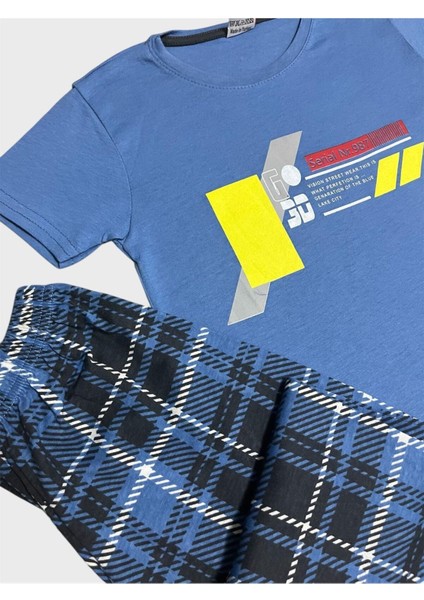 Erkek Çocuk %100 Pamuklu Interference Desenli Altı Ekose Mavi Kısa Kollu Mevsimlik Pijama modelleri