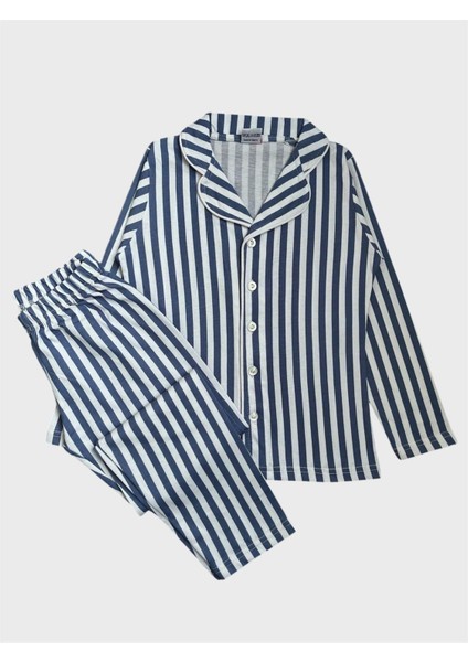 Erkek Çocuk %100 Pamuklu Mavi Beyaz Çizgili Gömlek Yaka Boydan Düğmeli Uzun Kollu Pijama Takımı