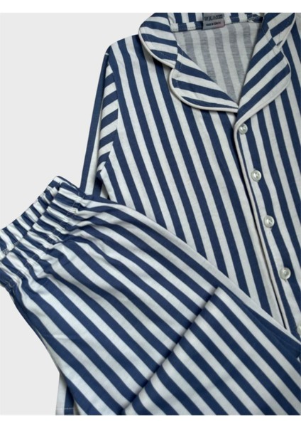 Erkek Çocuk %100 Pamuklu Mavi Beyaz Çizgili Gömlek Yaka Boydan Düğmeli Uzun Kollu Pijama Takımı fiyatları
