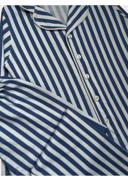 Erkek Çocuk %100 Pamuklu Mavi Beyaz Çizgili Gömlek Yaka Boydan Düğmeli Uzun Kollu Pijama Takımı fırsatları