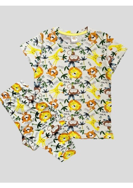 Erkek Çocuk %100 Pamuklu Safari Desenli Beyaz Kısa Kollu Yazlık Pijama Takımı