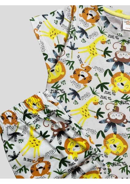 Erkek Çocuk %100 Pamuklu Safari Desenli Beyaz Kısa Kollu Yazlık Pijama Takımı modelleri