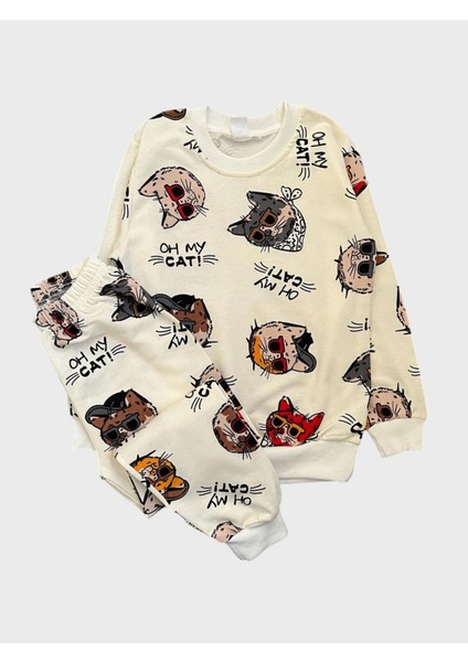 Erkek Çocuk Pamuklu Şardonlu Beyaz Kedi Desenli Uzun Kollu Pijama Takımı