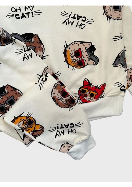 Erkek Çocuk Pamuklu Şardonlu Beyaz Kedi Desenli Uzun Kollu Pijama Takımı fiyatları