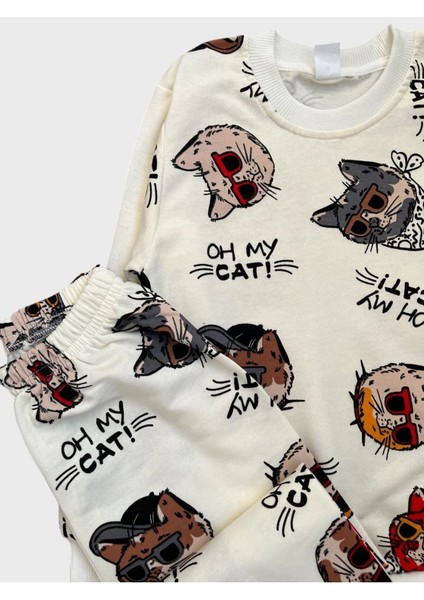 Erkek Çocuk Pamuklu Şardonlu Beyaz Kedi Desenli Uzun Kollu Pijama Takımı modelleri