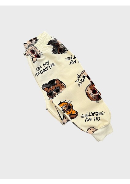 Erkek Çocuk Pamuklu Şardonlu Beyaz Kedi Desenli Uzun Kollu Pijama Takımı fırsatları