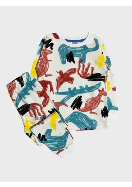 Erkek Çocuk Beyaz Renkli Hayvan Desenli Deve-Fil-Timsah Uzun Kollu %100 Pamuklu Pijama Takımı
