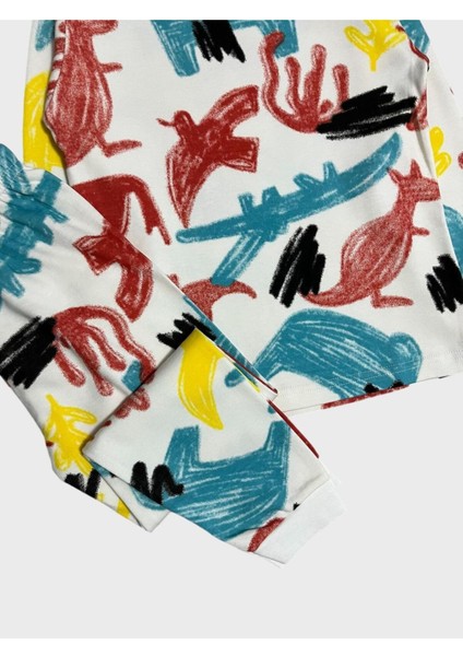 Erkek Çocuk Beyaz Renkli Hayvan Desenli Deve-Fil-Timsah Uzun Kollu %100 Pamuklu Pijama Takımı fiyatları