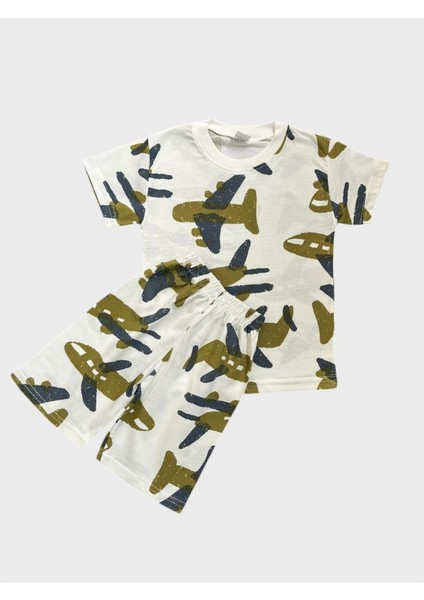 Erkek Çocuk Pamuklu Beyaz Yeşil Uçak Desenli Kısa Kollu Şortlu Yazlık Pijama Takımı