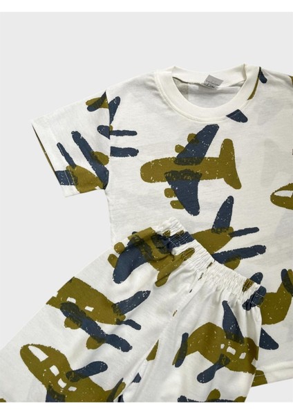 Erkek Çocuk Pamuklu Beyaz Yeşil Uçak Desenli Kısa Kollu Şortlu Yazlık Pijama Takımı fiyatları