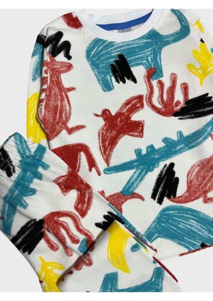 Erkek Çocuk Beyaz Renkli Hayvan Desenli Deve-Fil-Timsah Uzun Kollu %100 Pamuklu Pijama Takımı modelleri