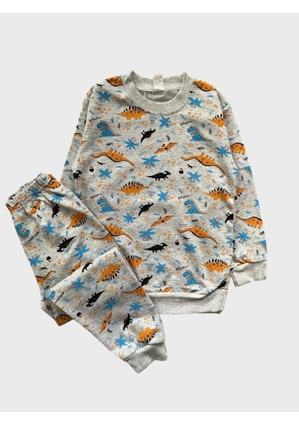 Erkek Çocuk Pamuklu Gri Dinozor Desenli Uzun Kollu Mevsimlik Pijama Takımı
