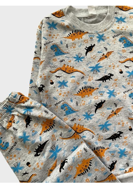 Erkek Çocuk Pamuklu Gri Dinozor Desenli Uzun Kollu Mevsimlik Pijama Takımı modelleri