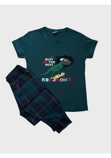Erkek Çocuk Pamuklu Yeşil Dinozor Altı Ekose Desenli Kısa Kollu Pijama Takımı