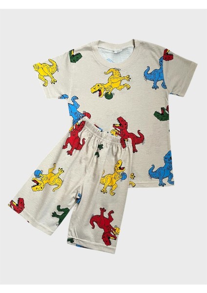 Erkek Çocuk Pamuklu Bej Rengi Dinozor Desenli Kısa Kollu Şortlu Yazlık Pijama Takımı