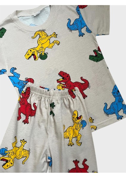 Erkek Çocuk Pamuklu Bej Rengi Dinozor Desenli Kısa Kollu Şortlu Yazlık Pijama Takımı fiyatları